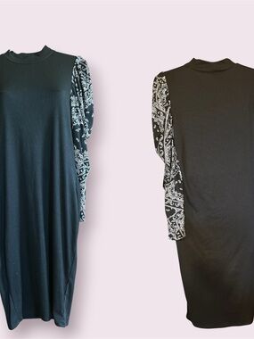 Ashley Stewart Black Midi Dress with Paisley Print Sleeves 1x